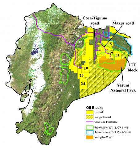 Map overlain with ITT oil blocks, Yasuni National Park boundaries, and the Intangible Zone