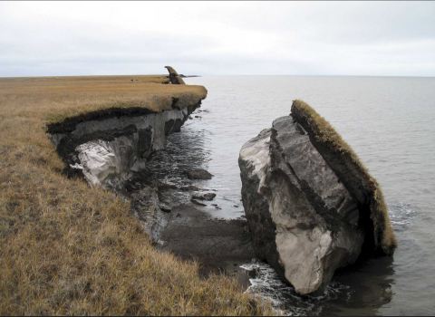 A cliff of exposed permafrost with a chunk of the mountain side laying sideways in the water below. Icy rock exposed. 