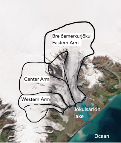 Diagram of the Breiðamerkurjökull glacier, showing the eastern arm with Jökulsárlón lake below. 