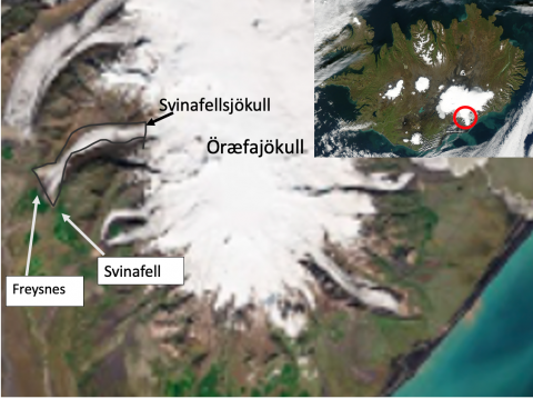 aerial view of the Svinafeilsjökull glacier and mountain, showing how close the towns are to it!